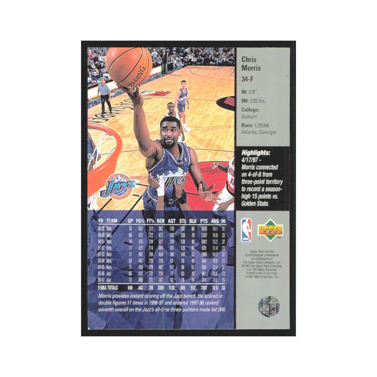 Chris Morris 1997 Upper Deck #125 Utah Jazz Basketball Card NM