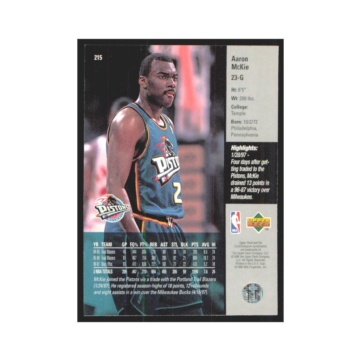 Aaron McKie 1997 Upper Deck #215 Detroit Pistons Basketball Card NM