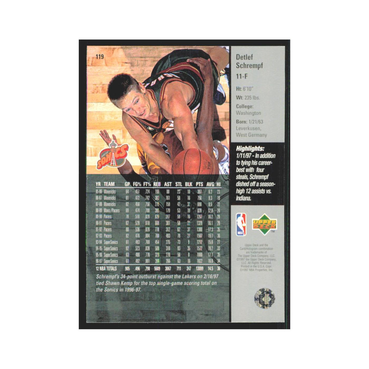 Detlef Schrempf 1997 Upper Deck #119 Seattle SuperSonics Basketball Card NM