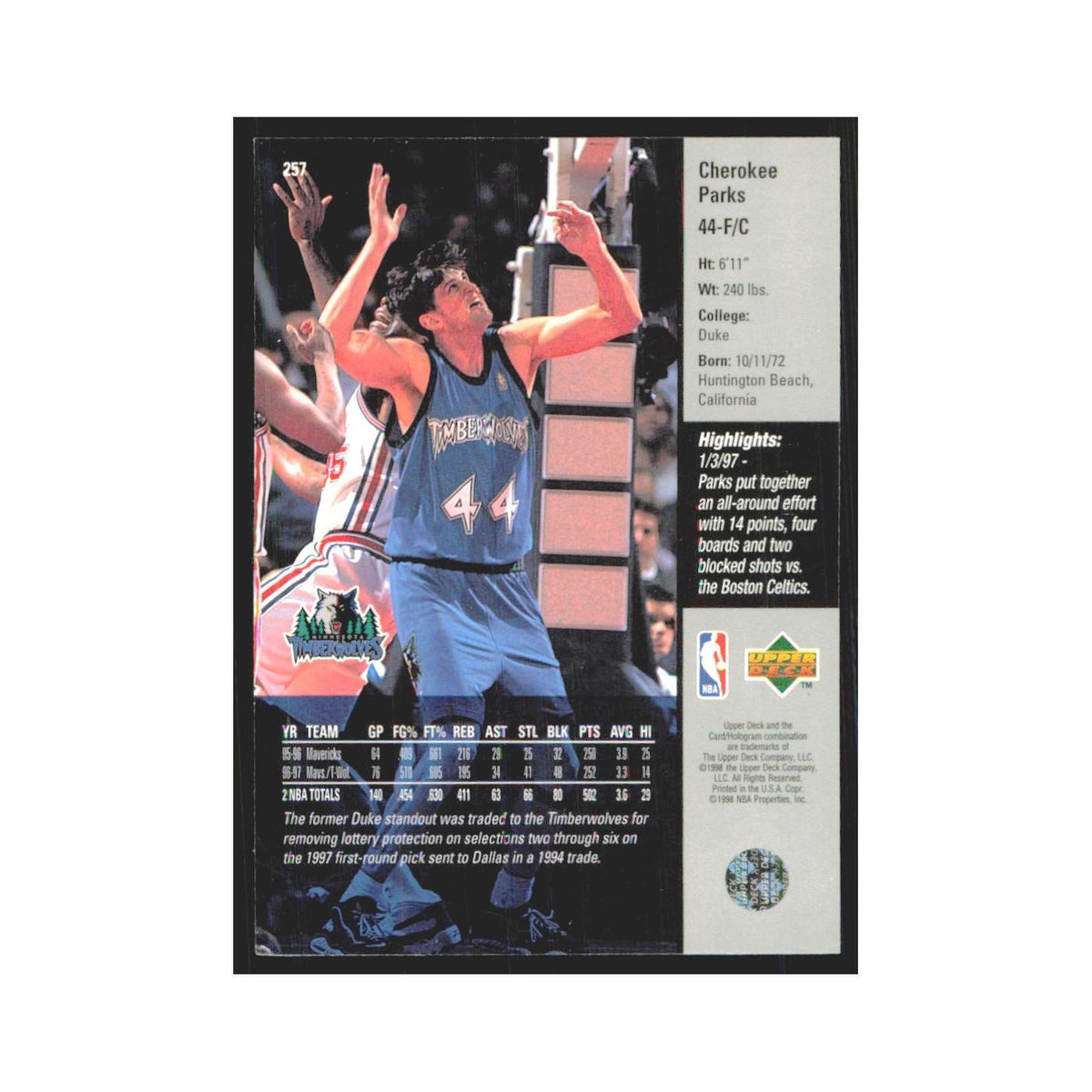 Cherokee Parks 1997 Upper Deck #257 Minnesota Timberwolves Basketball Card NM