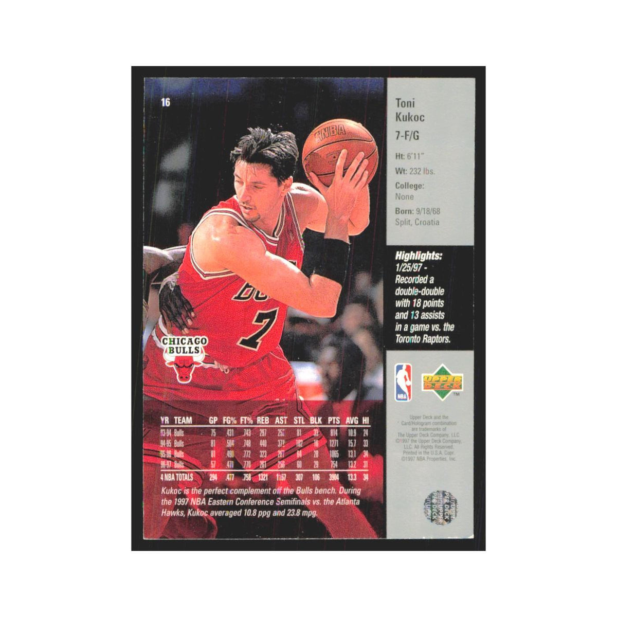 Toni Kukoc 1997 Upper Deck #16 Chicago Bulls Basketball Card NM