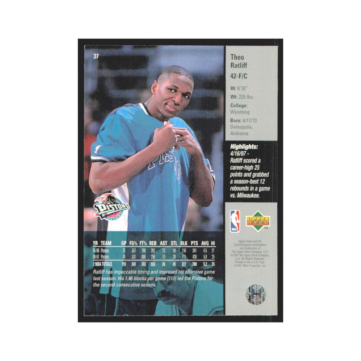Theo Ratliff 1997 Upper Deck #37 Detroit Pistons Basketball Card NM