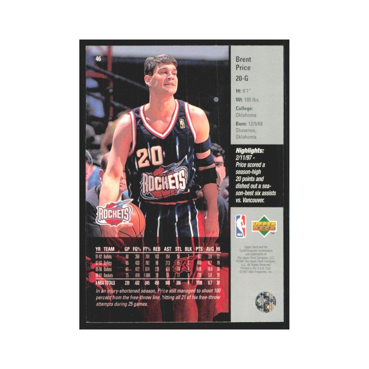 Brent Price 1997 Upper Deck #46 Houston Rockets Basketball Card NM
