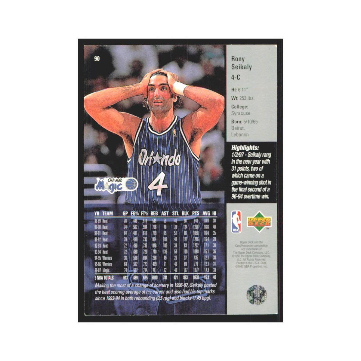 Rony Seikaly 1997 Upper Deck #90 Orlando Magic Basketball Card NM
