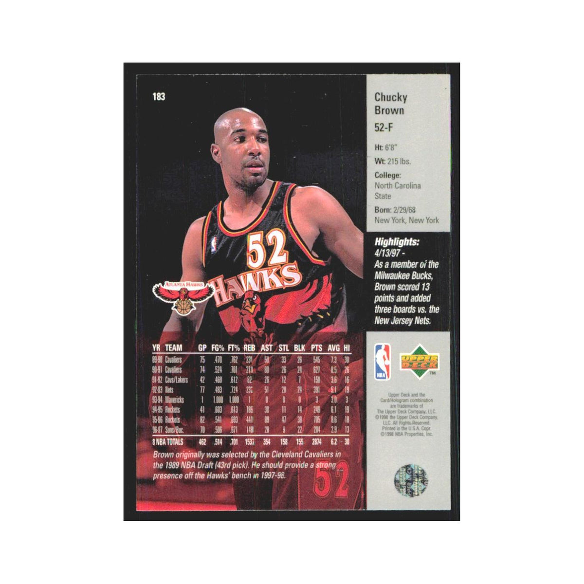 Chucky Brown 1997 Upper Deck #183 Atlanta Hawks Basketball Card NM