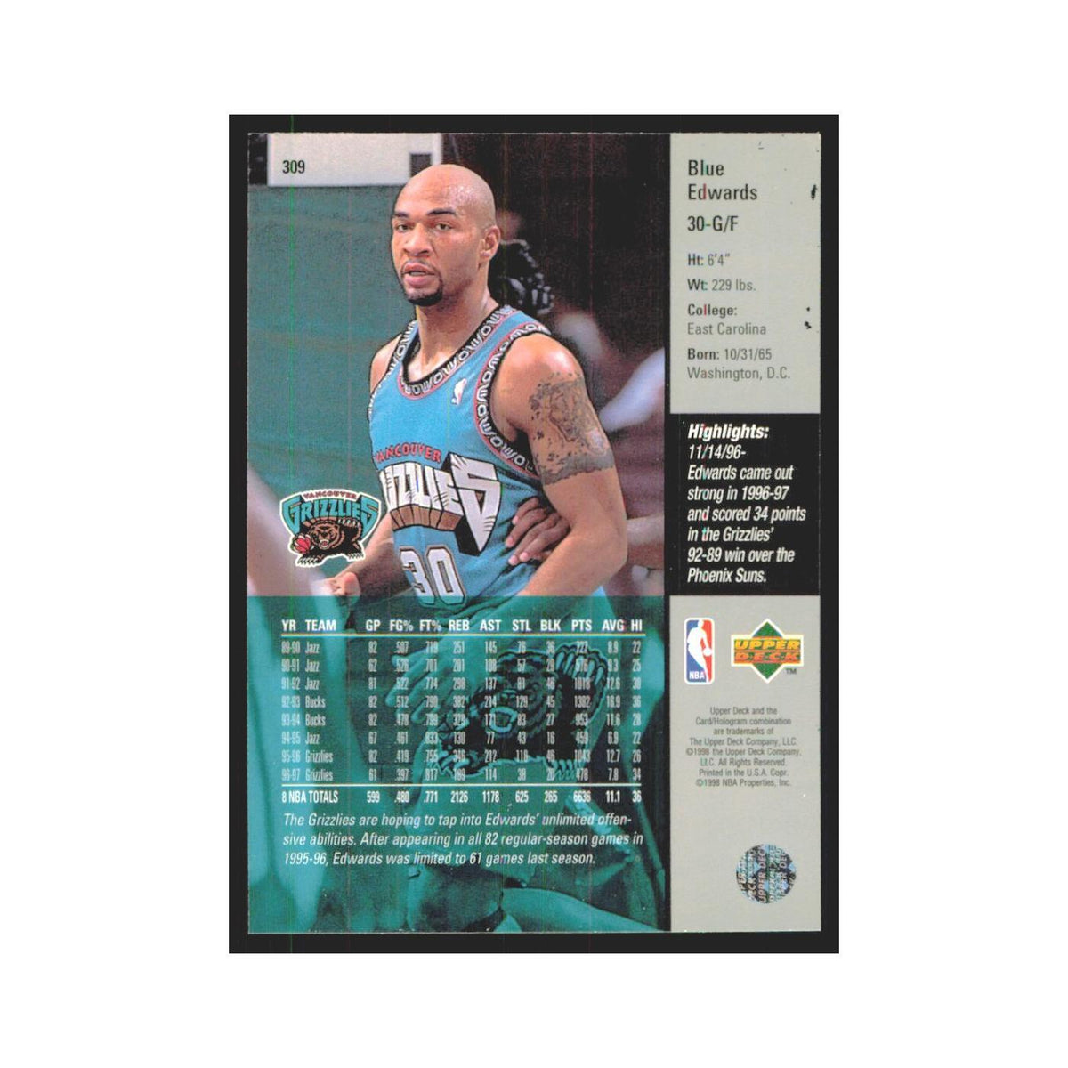 Blue Edwards 1997 Upper Deck #309 Vancouver Grizzlies Basketball Card NM