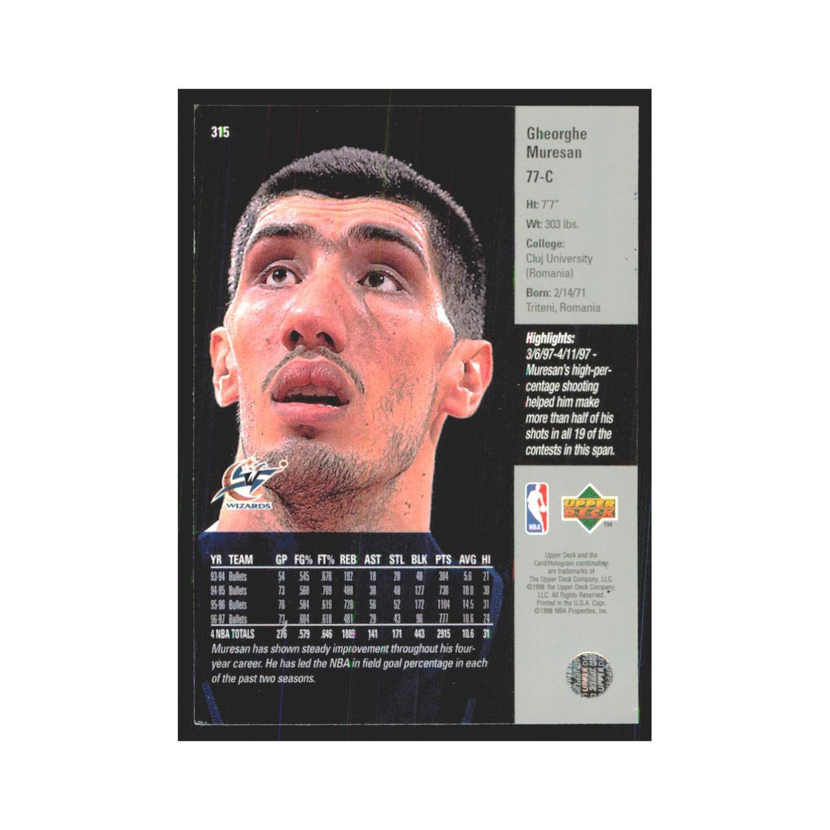 Gheorghe Muresan 1997 Upper Deck #315 Washington Wizards Basketball Card NM