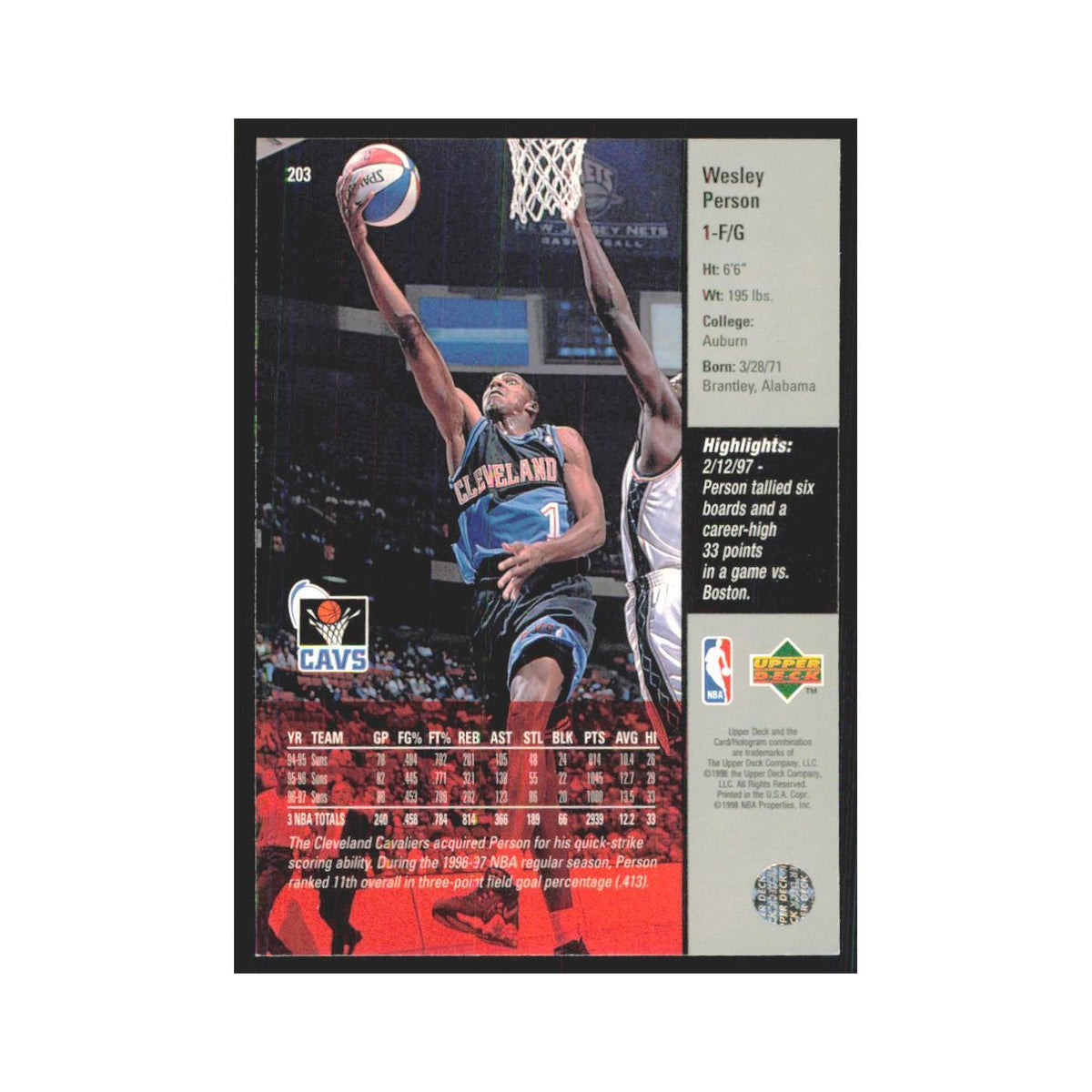 Wesley Person 1997 Upper Deck #203 Cleveland Cavaliers Basketball Card NM