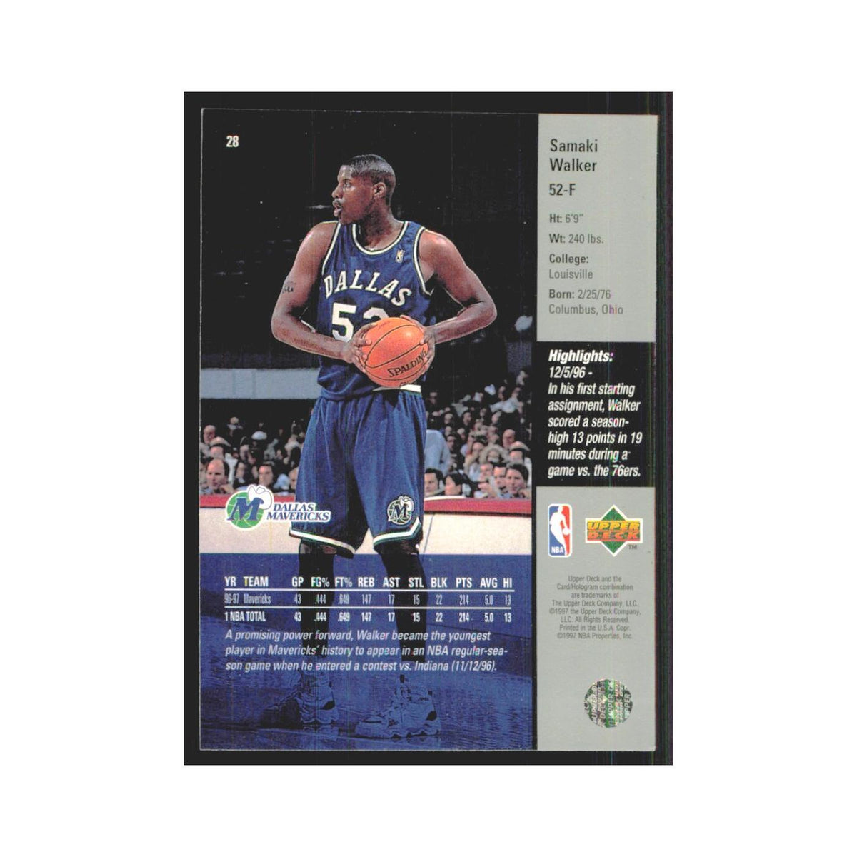 Samaki Walker 1997 Upper Deck #28 Dallas Mavericks Basketball Card NM