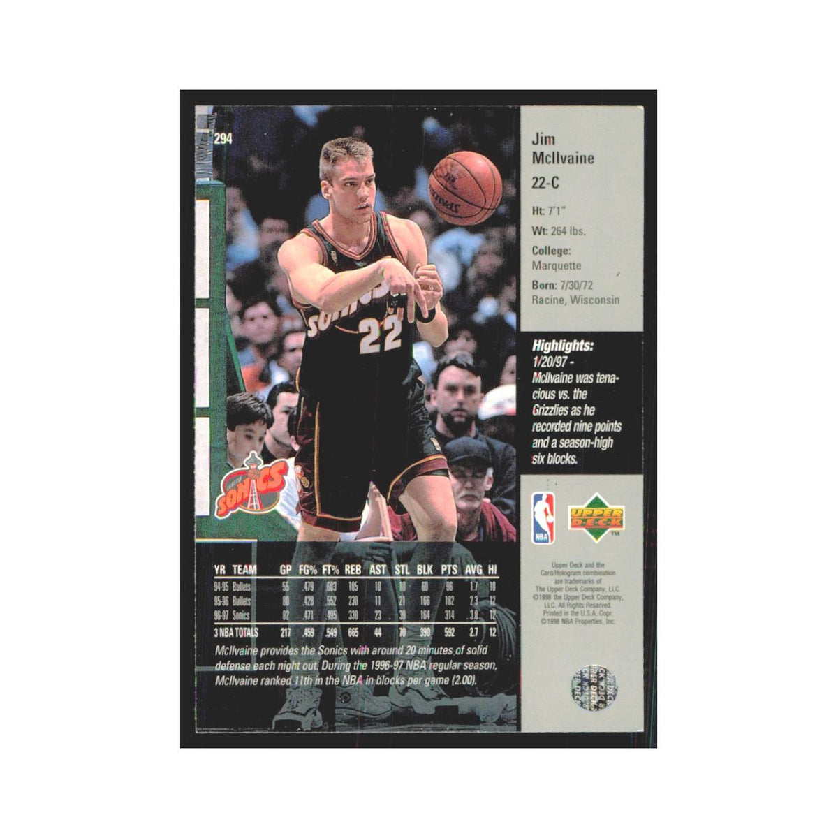Jim Mcllvaine 1997 Upper Deck #294 Seattle SuperSonics Basketball Card NM