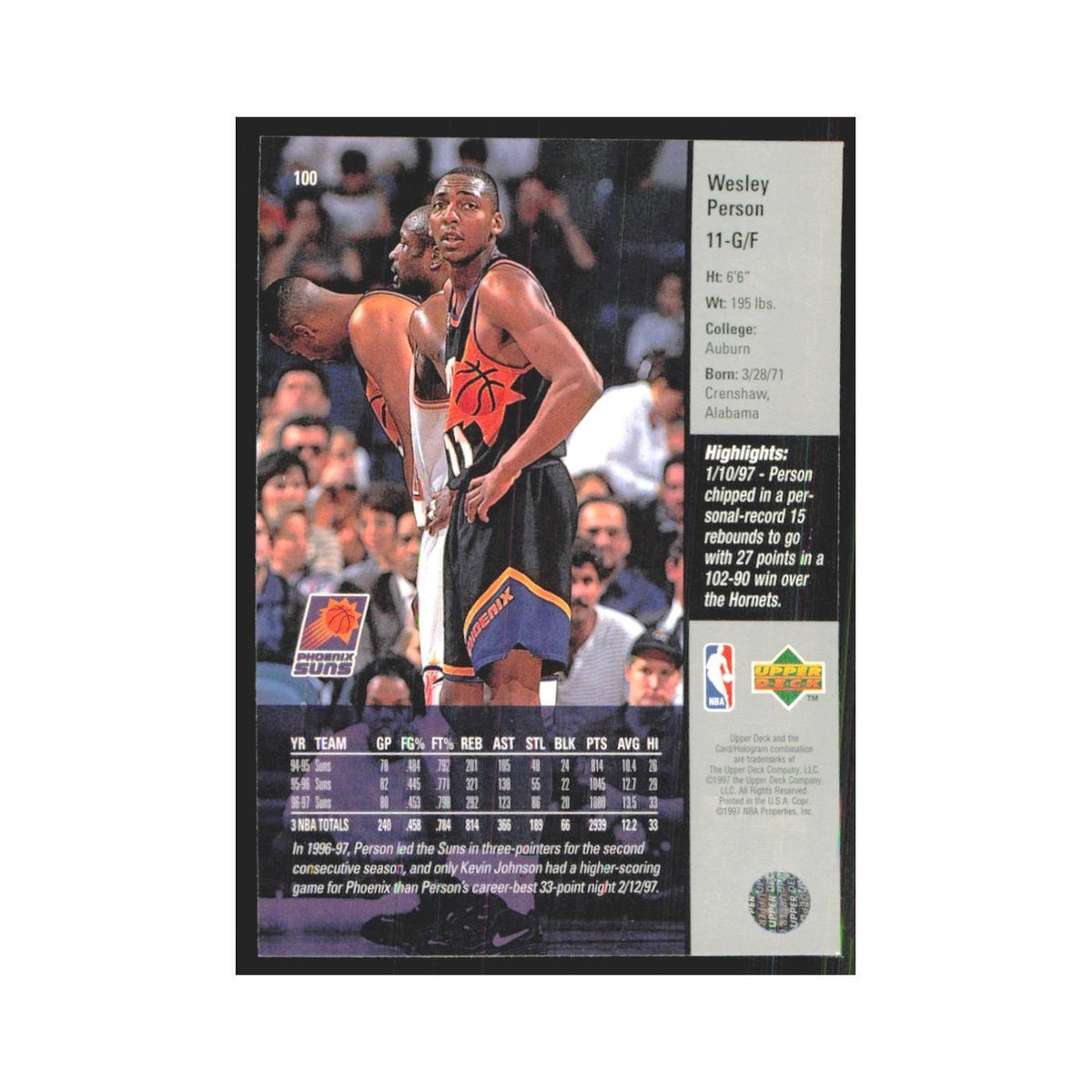 Wesley Person 1997 Upper Deck #100 Phoenix Suns Basketball Card NM