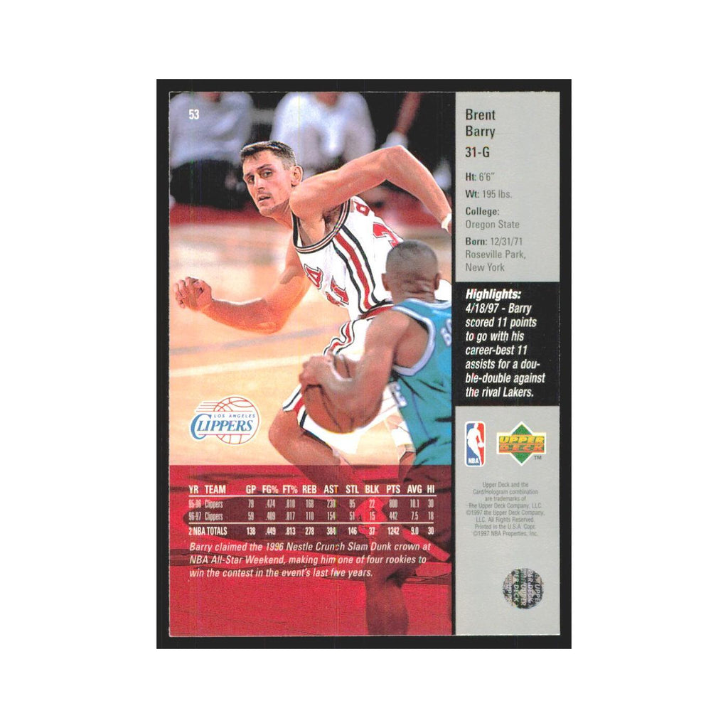 Brent Barry 1997 Upper Deck #53 Los Angeles Clippers Basketball Card NM