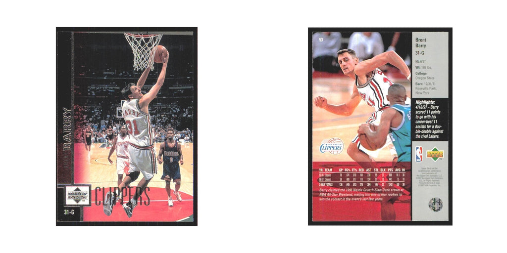 Brent Barry 1997 Upper Deck #53 Los Angeles Clippers Basketball Card NM