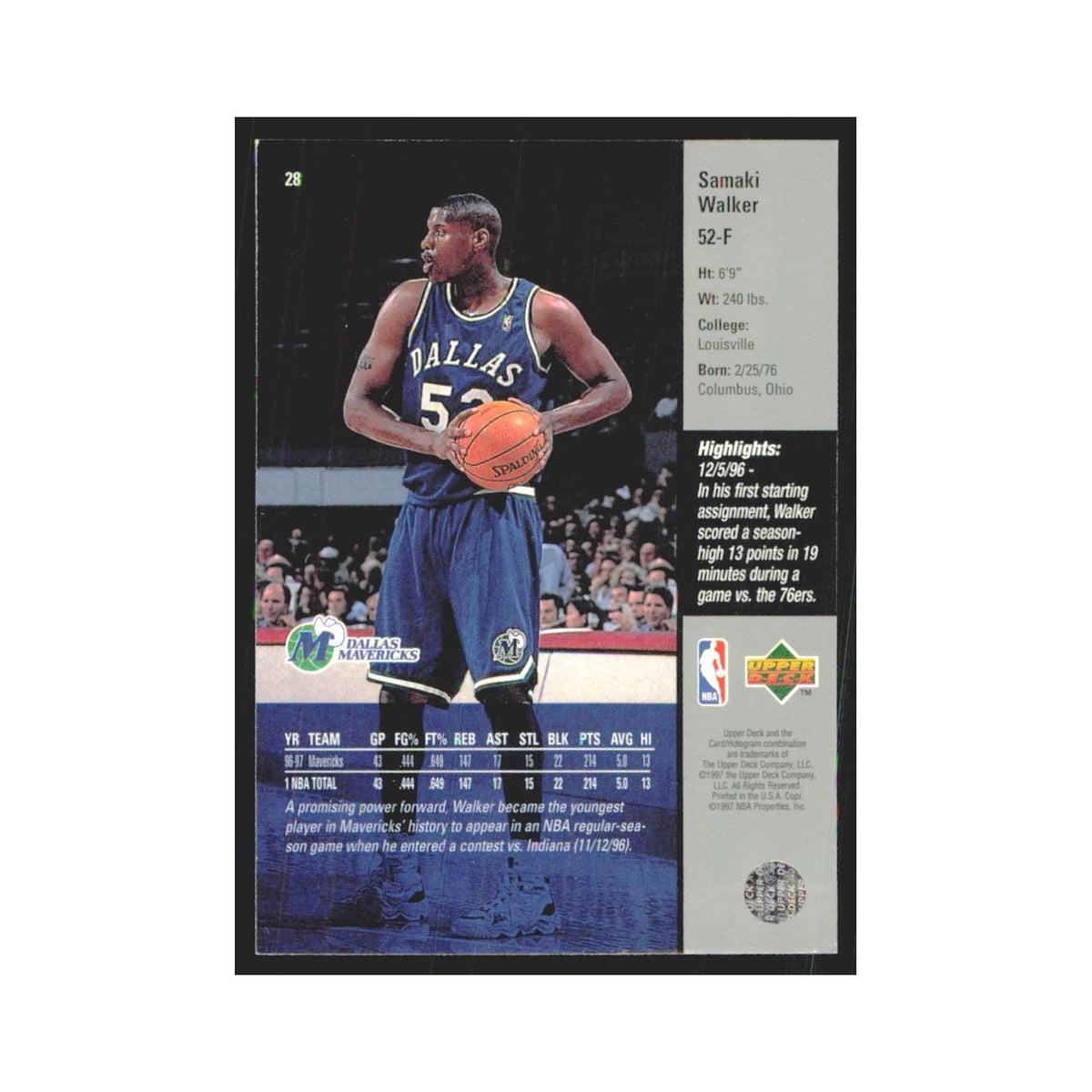 Samaki Walker 1997 Upper Deck #28 Dallas Mavericks Basketball Card NM