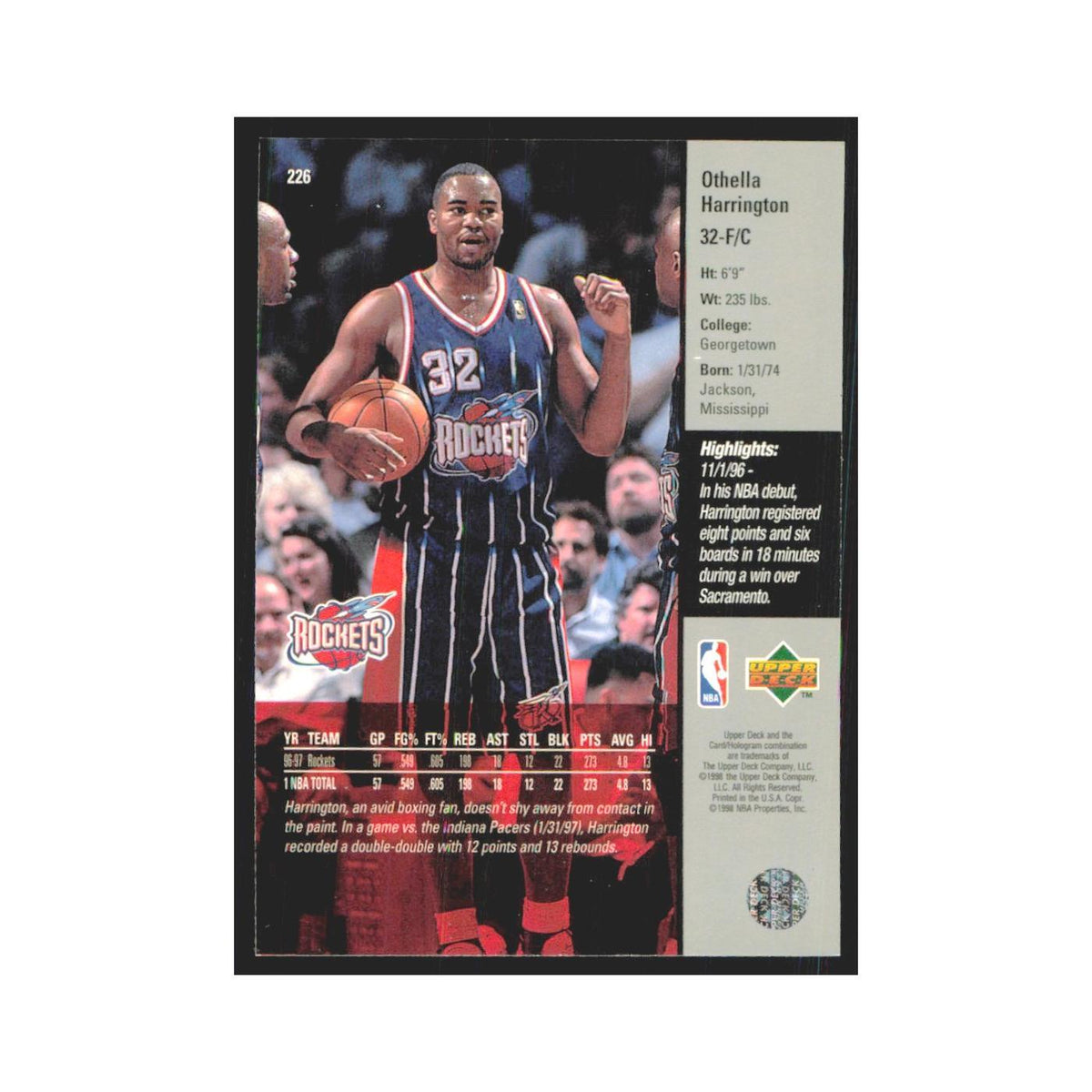 Othella Harrington 1997 Upper Deck #226 Houston Rockets Basketball Card NM