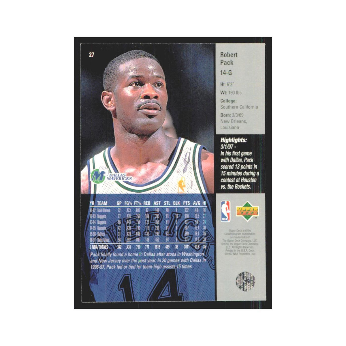 Robert Pack 1997 Upper Deck #27 Dallas Mavericks Basketball Card NM
