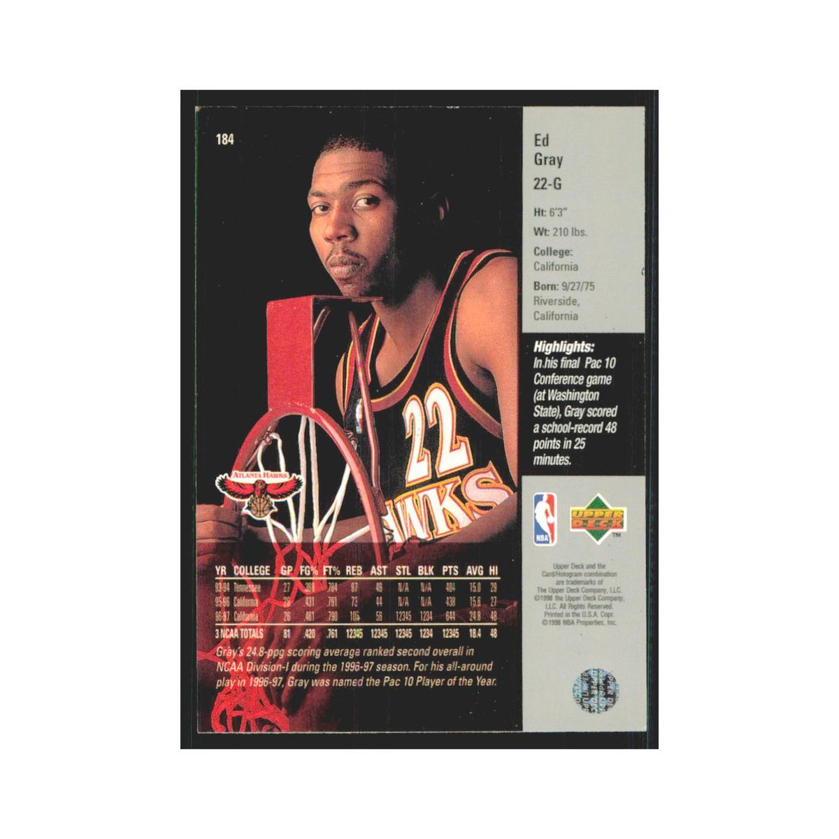 Ed Gray 1997 Upper Deck #184 Atlanta Hawks Basketball Card NM