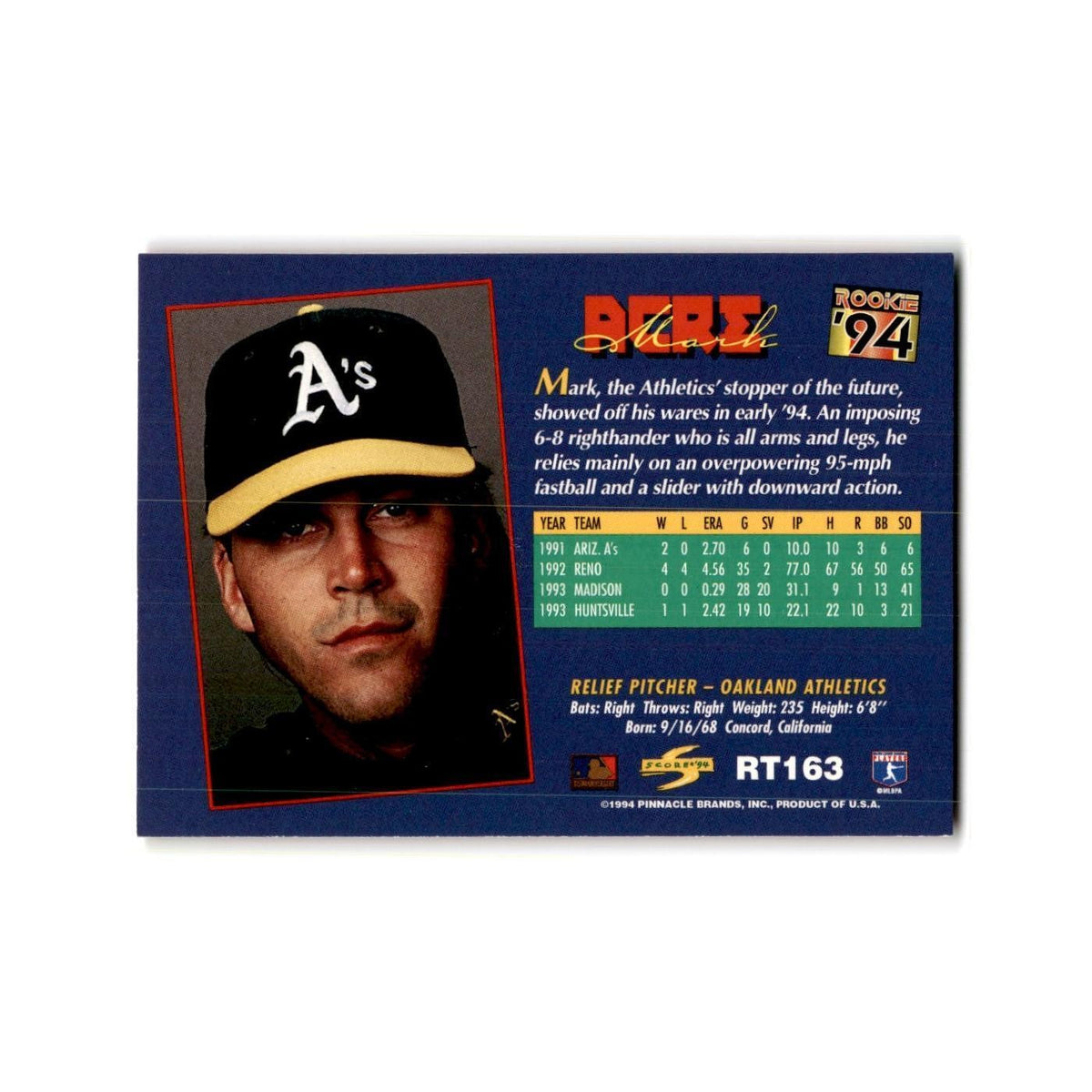 Mark Acre Rookie 1994 Score Rookie & Traded #RT163 Oakland Athletics NM