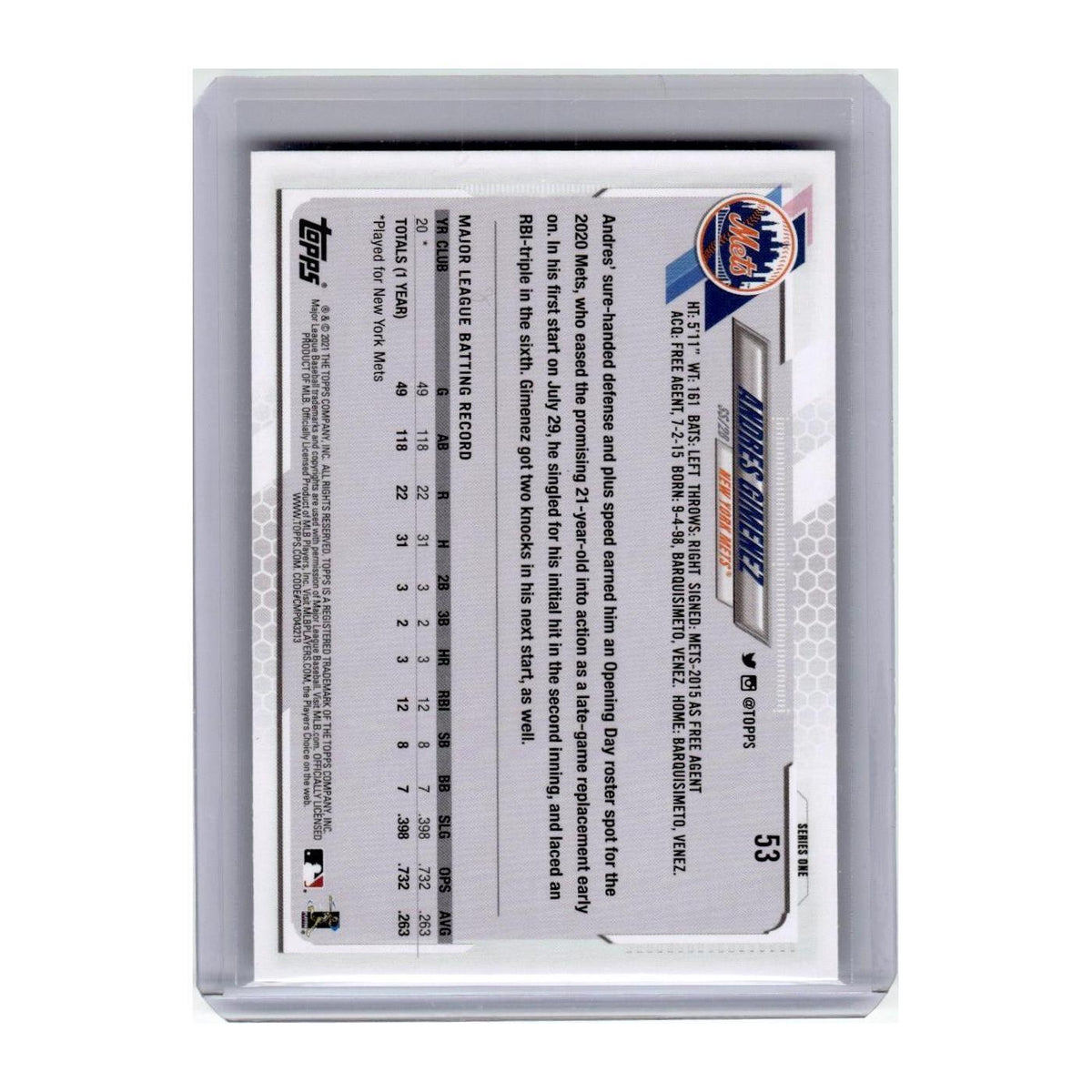 2021 Topps Andres Gimenez Mets #53