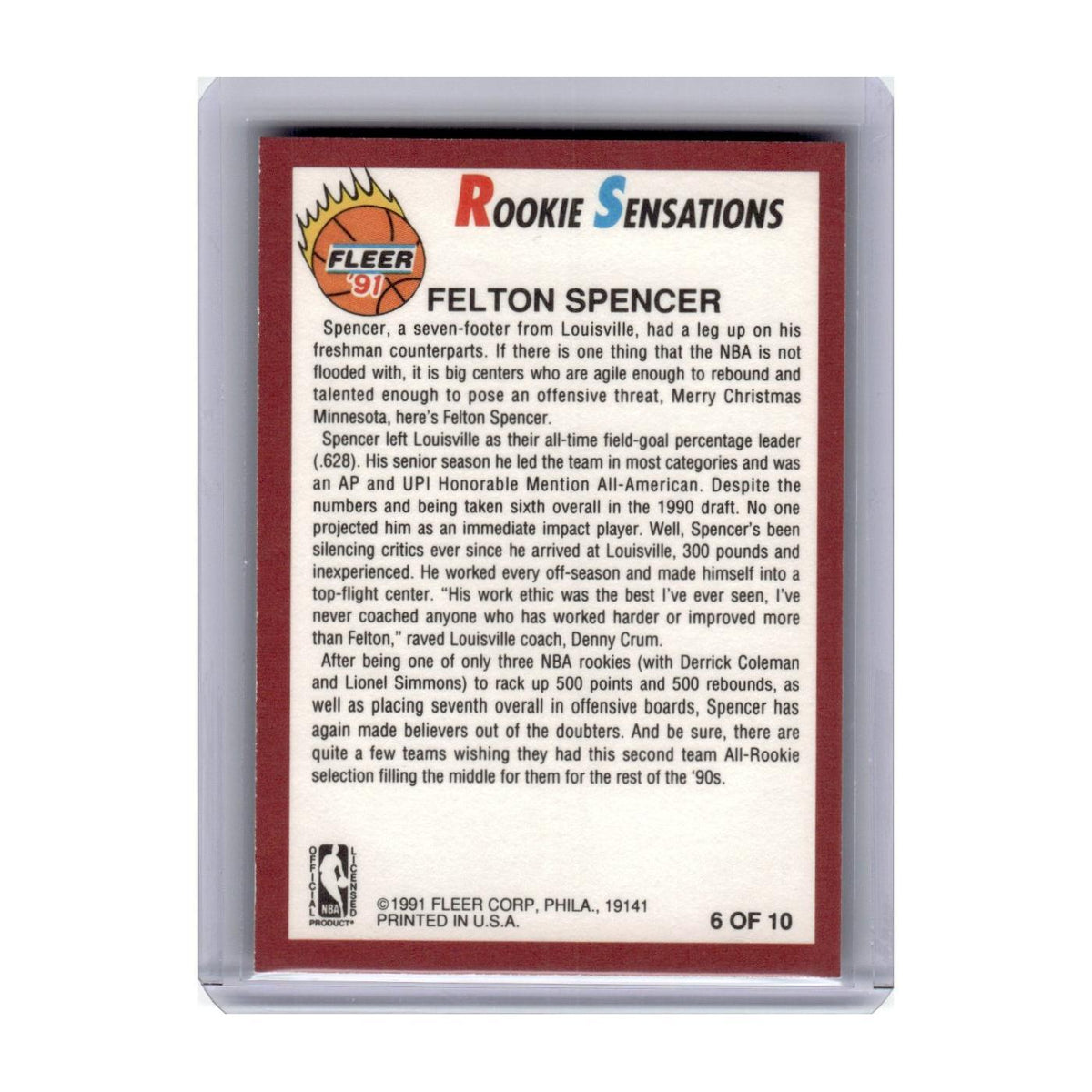 1991 Fleer Rookie Sensations Felton Spencer Timberwolves #6