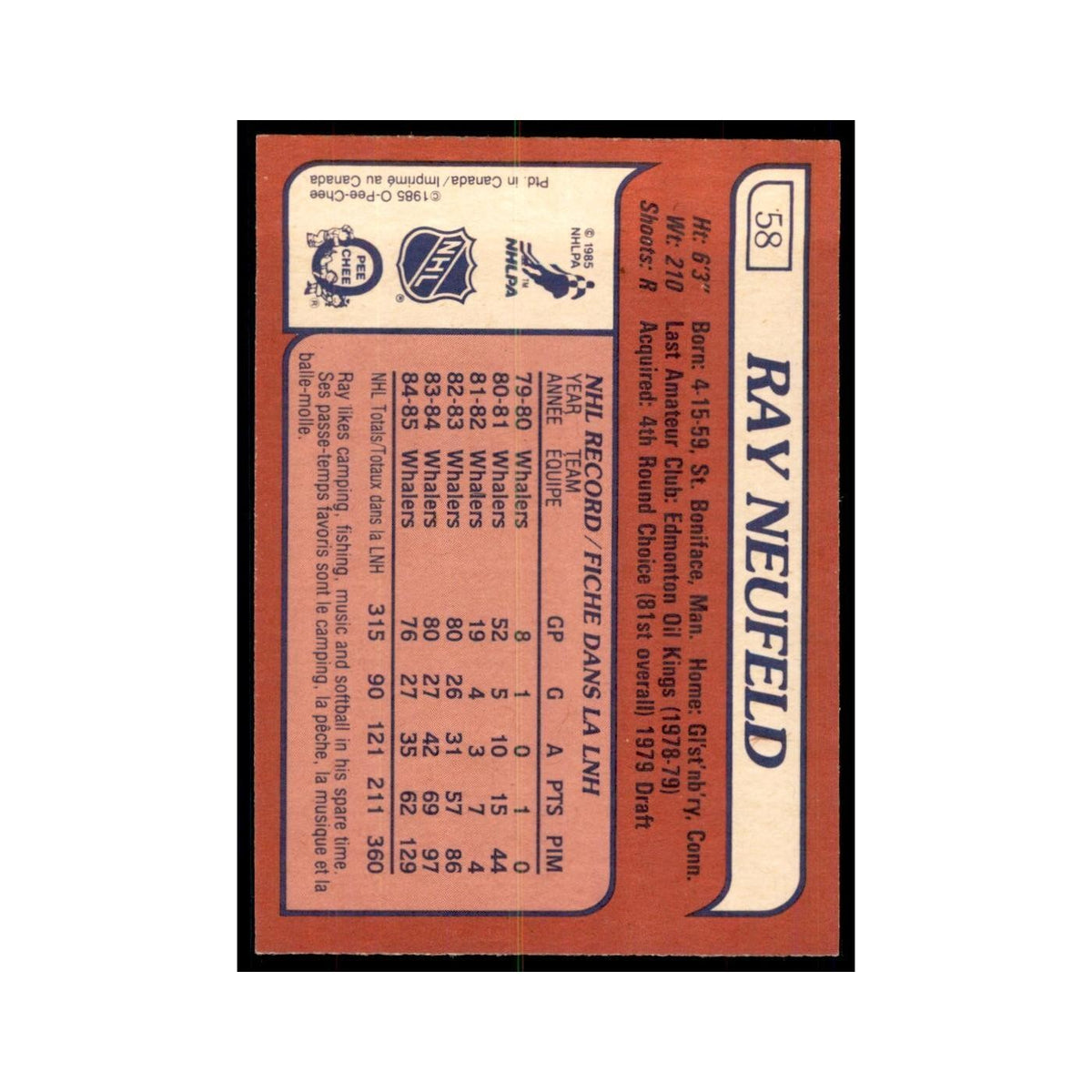 Ray Neufeld 1985 O-Pee-Chee #58 Hartford Whalers Hockey Card NM