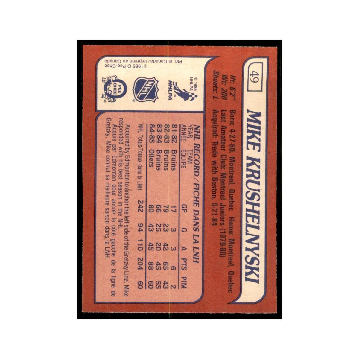 Mike Krushelnyski 1985 O-Pee-Chee #49 Edmonton Oilers Hockey Card NM
