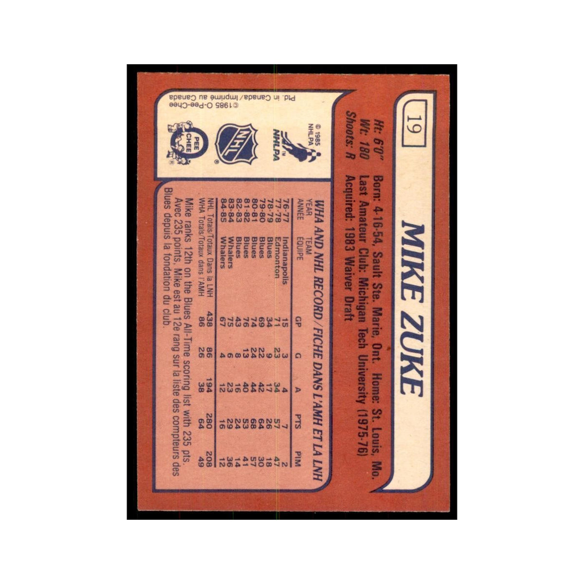 Mike Zuke 1985 O-Pee-Chee #19 Hartford Whalers Hockey Card NM