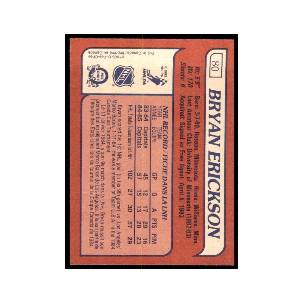 Bryan Erickson Rookie 1985 O-Pee-Chee #80 Washington Capitals Hockey Card NM