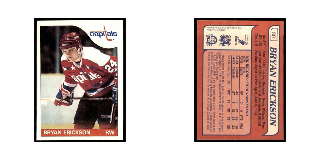 Bryan Erickson Rookie 1985 O-Pee-Chee #80 Washington Capitals Hockey Card NM