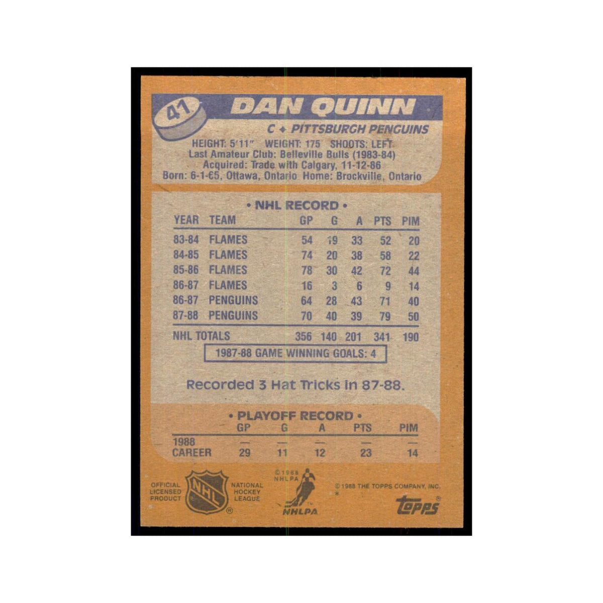 Dan Quinn 1988 Topps #41 Pittsburgh Penguins Hockey Card NM