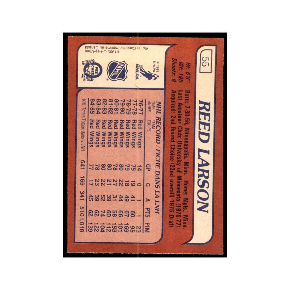 Reed Larson 1985 O-Pee-Chee #55 Detroit Red Wings Hockey Card NM