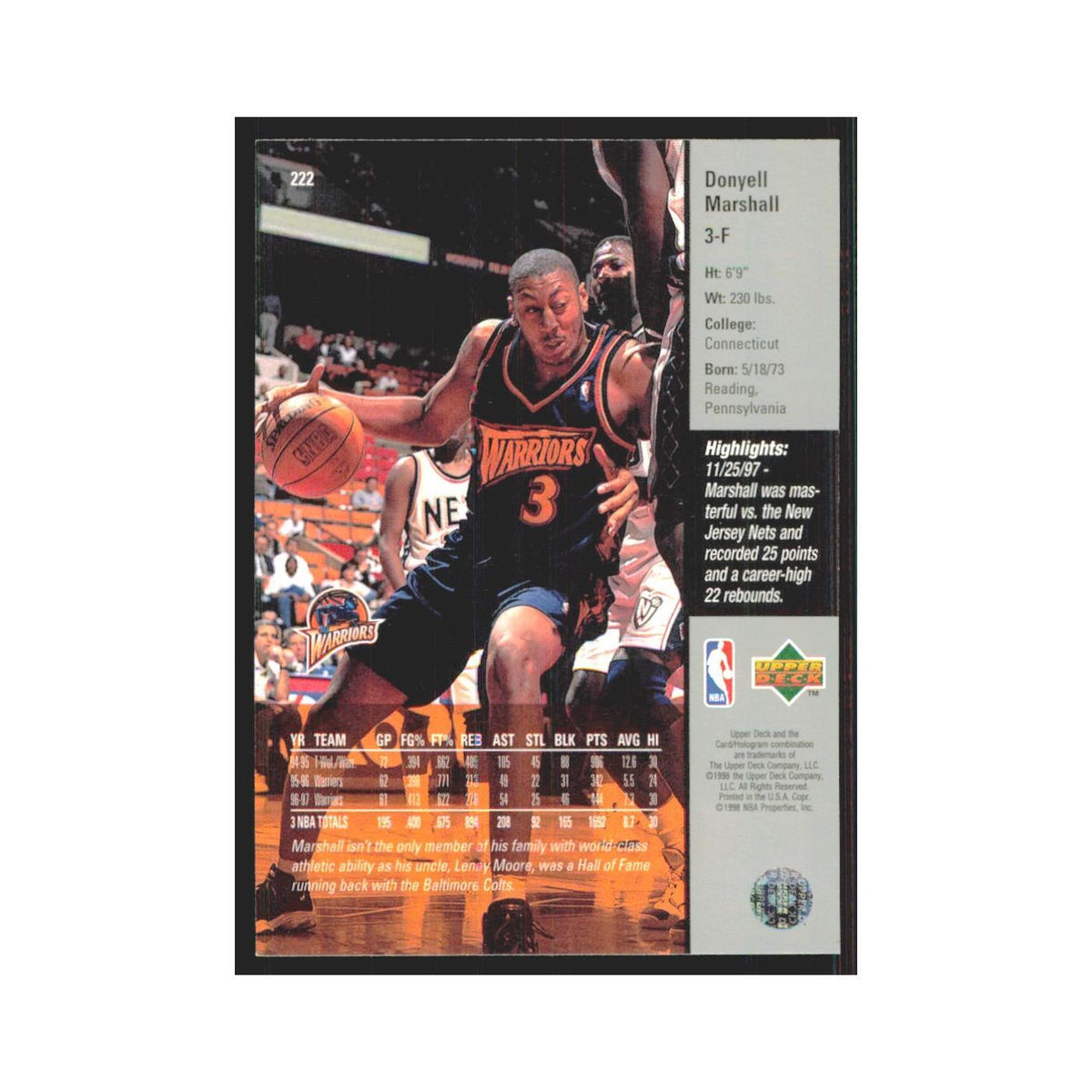 Donyell Marshall 1997 Upper Deck #222 Golden State Warriors Basketball Card NM