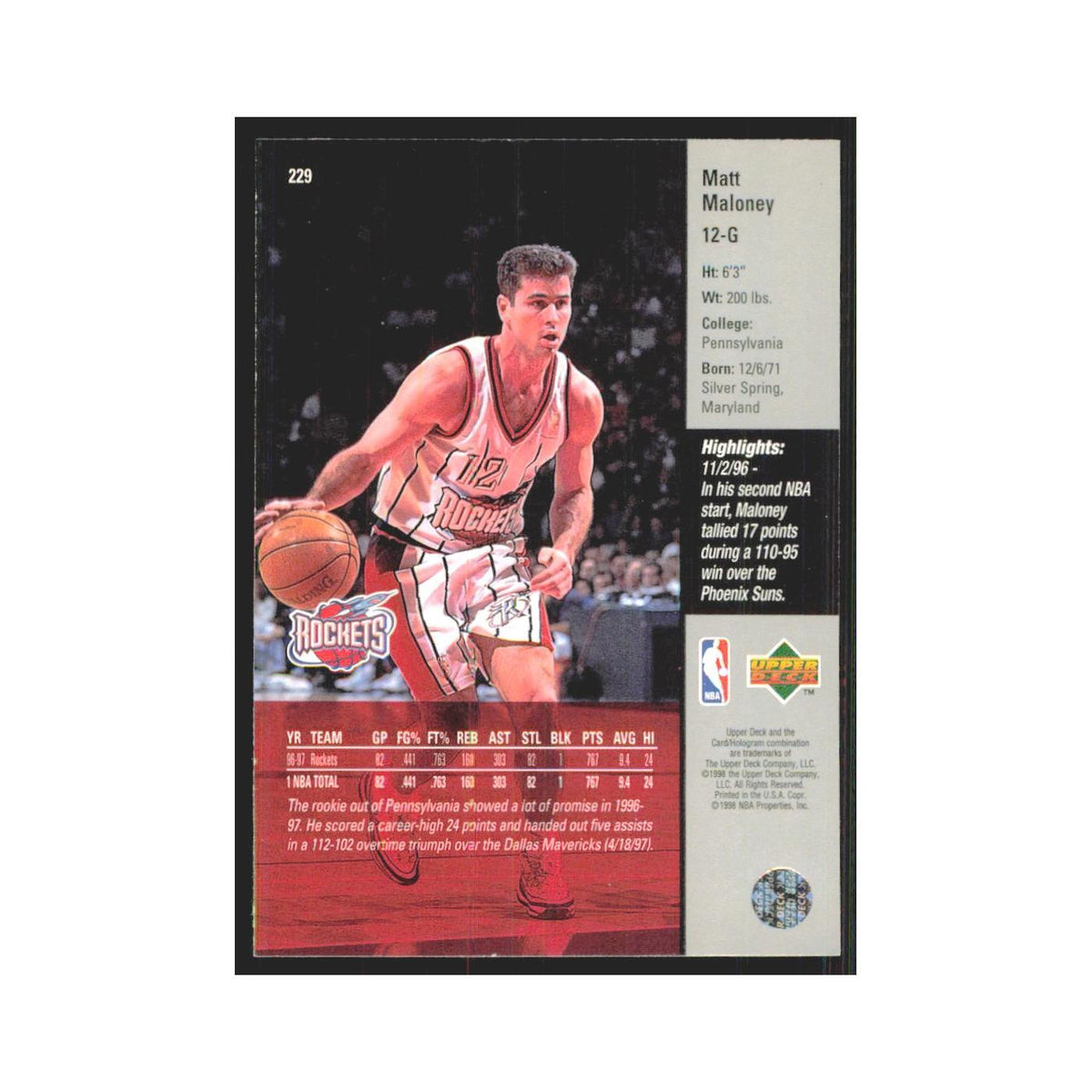 Matt Maloney 1997 Upper Deck #229 Houston Rockets Basketball Card NM