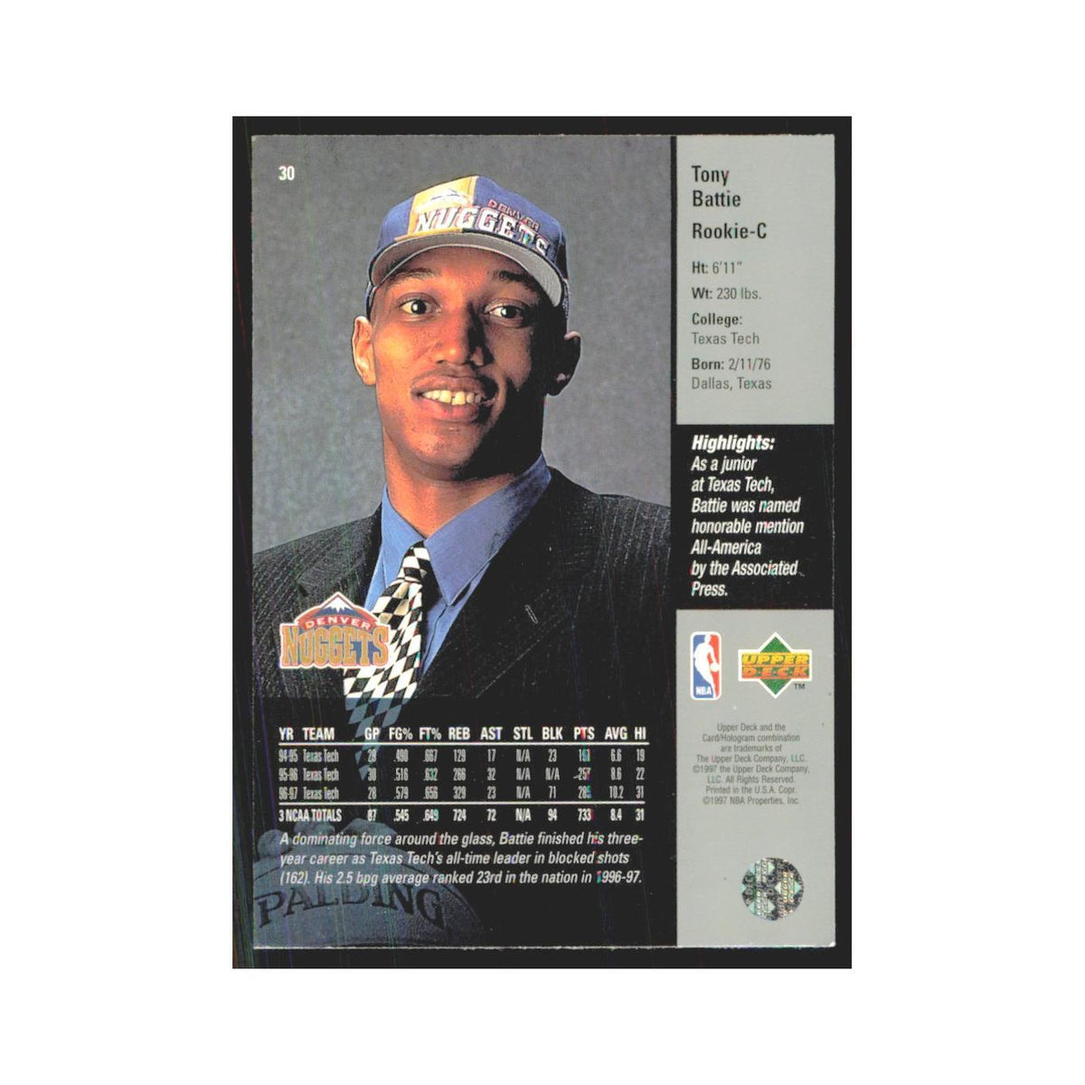 Tony Battie 1997 Upper Deck #30 Denver Nuggets Basketball Card NM