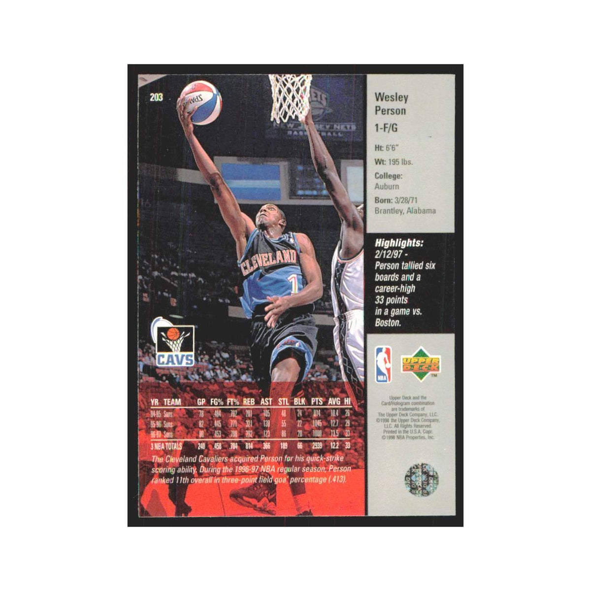 Wesley Person 1997 Upper Deck #203 Cleveland Cavaliers Basketball Card NM
