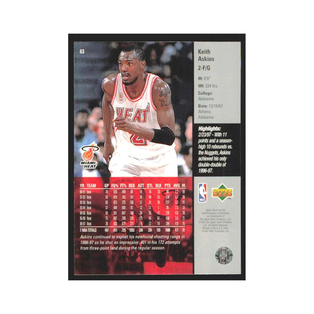 Keith Askins 1997 Upper Deck #63 Miami Heat Basketball Card NM