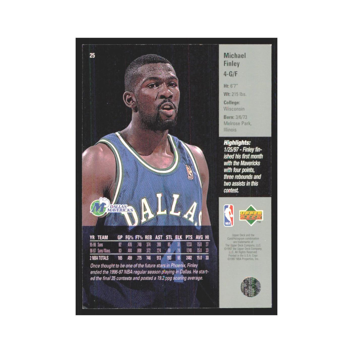 Michael Finley 1997 Upper Deck #25 Dallas Mavericks Basketball Card NM