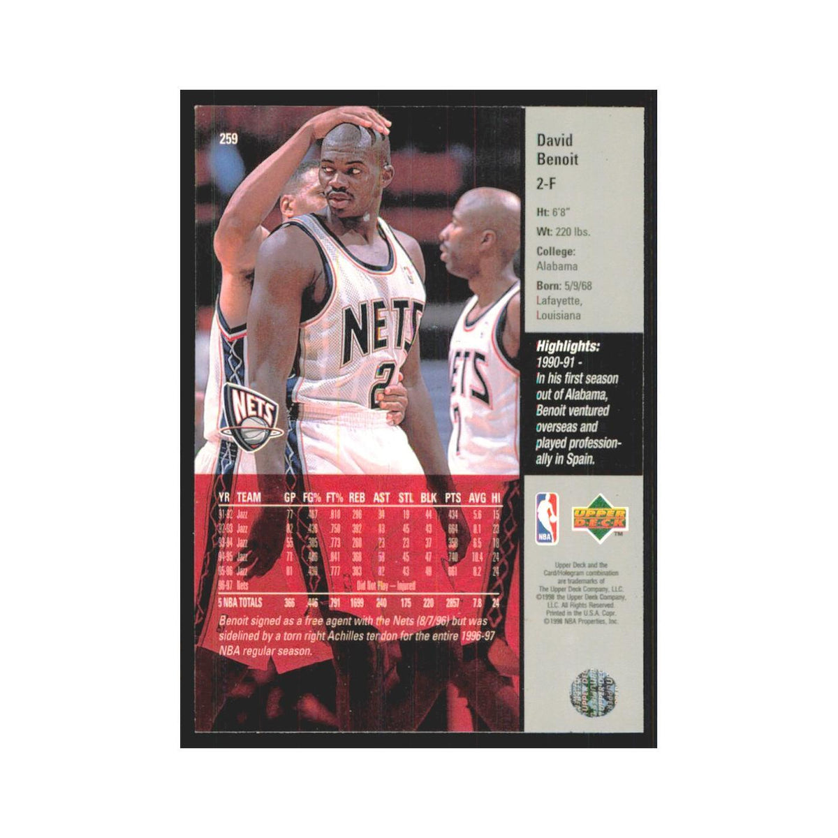 David Benoit 1997 Upper Deck #259 New Jersey Nets Basketball Card NM