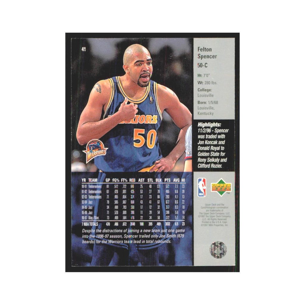 Felton Spencer 1997 Upper Deck #41 Golden State Warriors Basketball Card NM