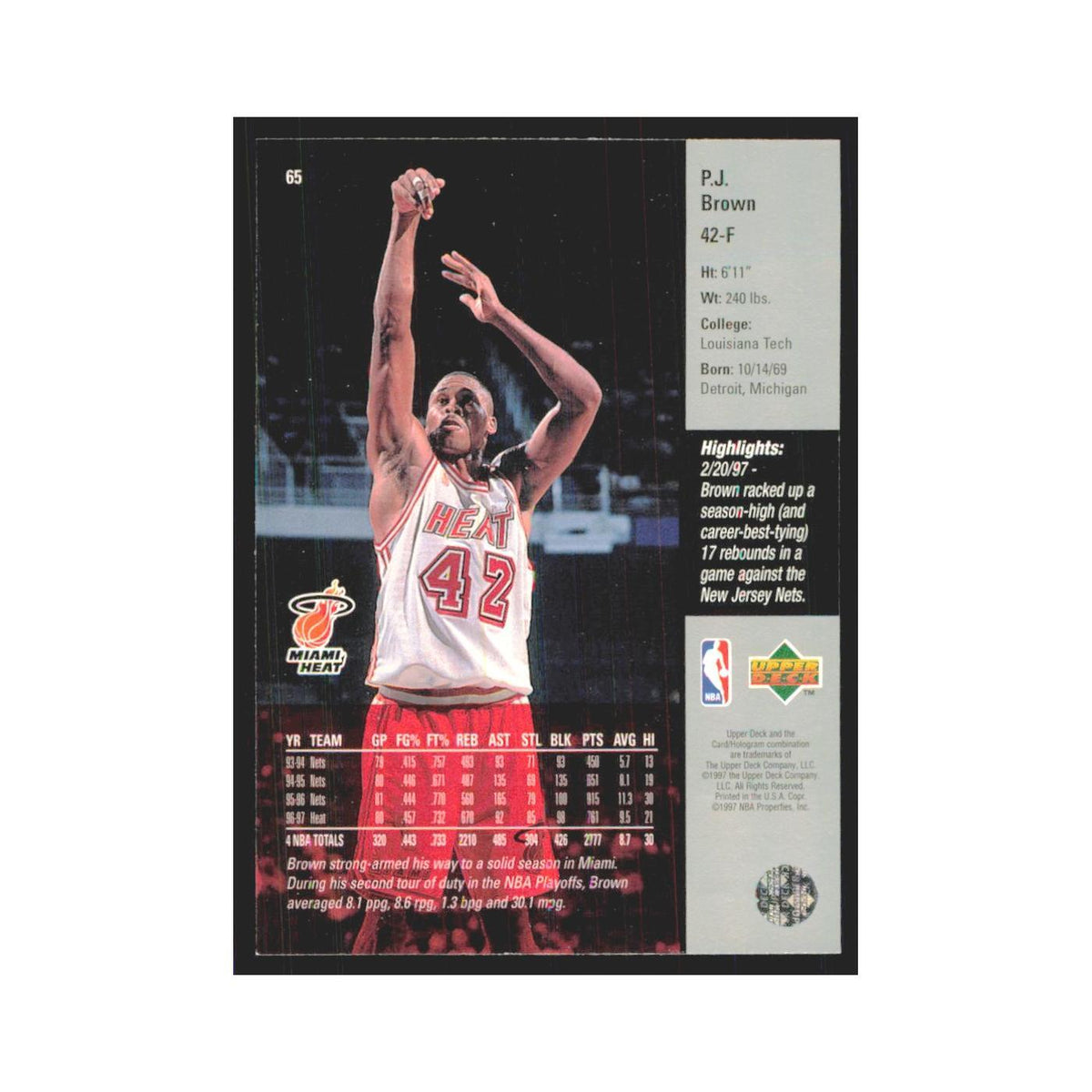 P.J. Brown 1997 Upper Deck #65 Miami Heat Basketball Card NM