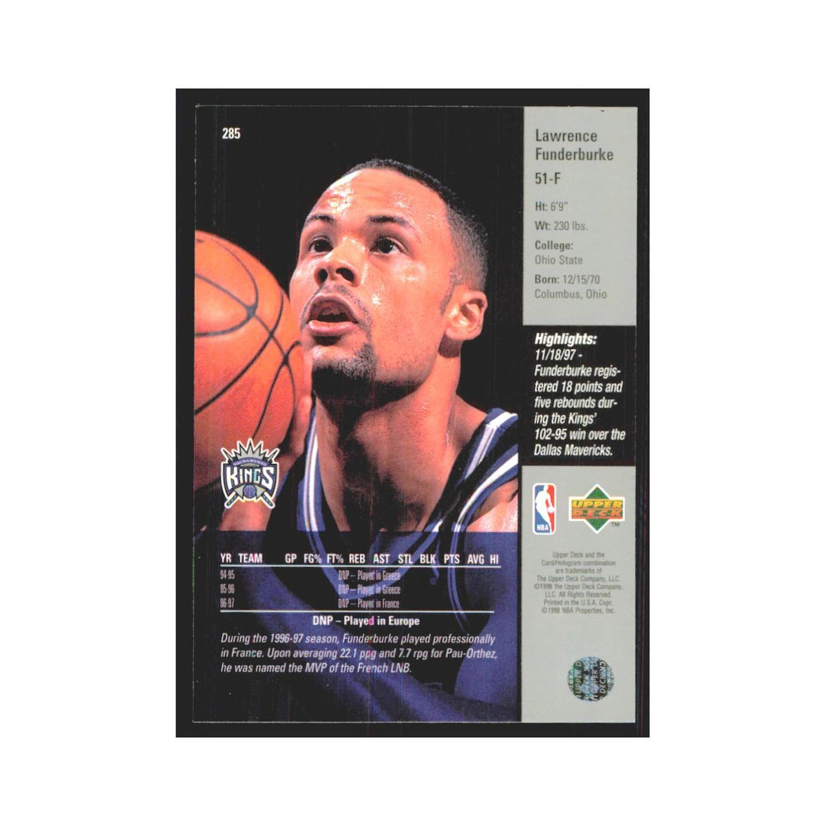 Lawrence Funderburke 1997 Upper Deck #285 Sacramento Kings Basketball Card NM