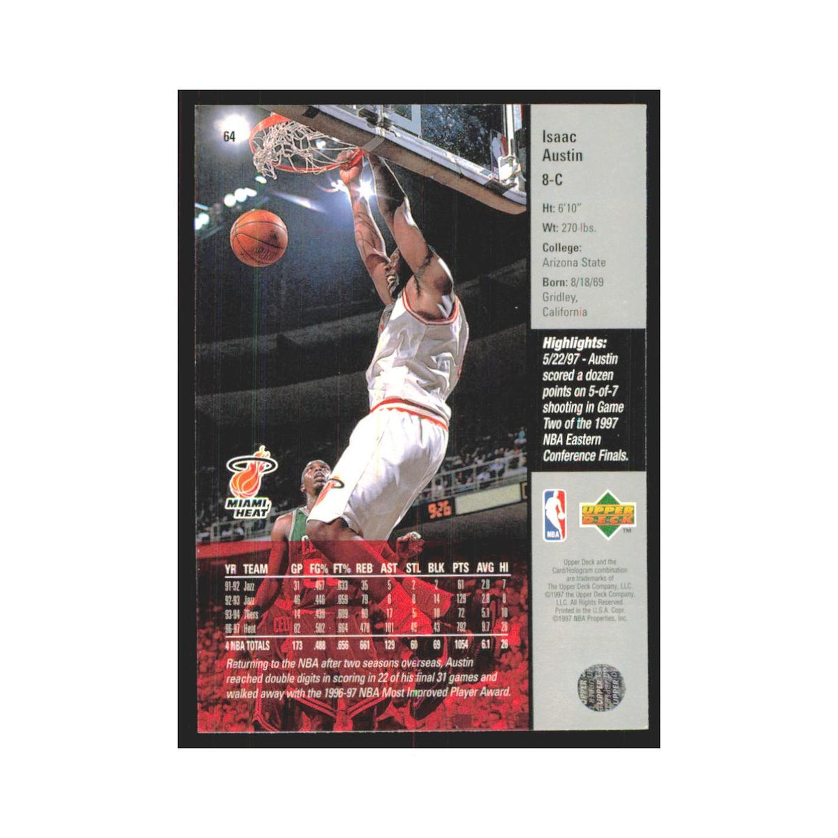 Isaac Austin 1997 Upper Deck #64 Miami Heat Basketball Card NM