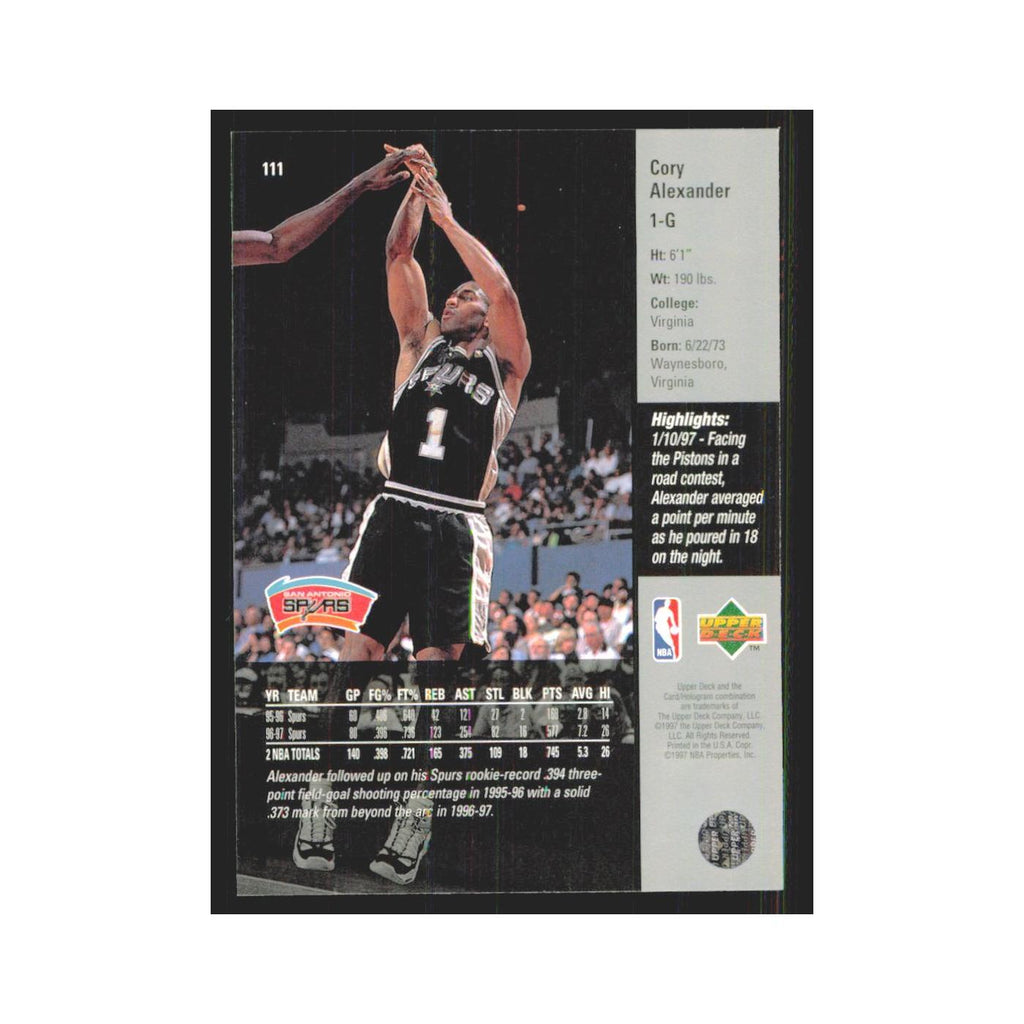 Cory Alexander 1997 Upper Deck #111 San Antonio Spurs Basketball Card NM