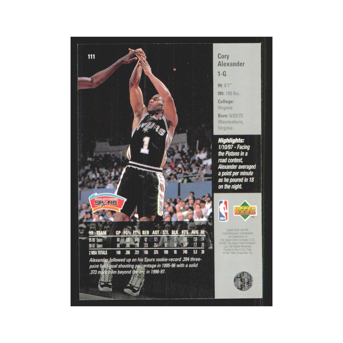 Cory Alexander 1997 Upper Deck #111 San Antonio Spurs Basketball Card NM