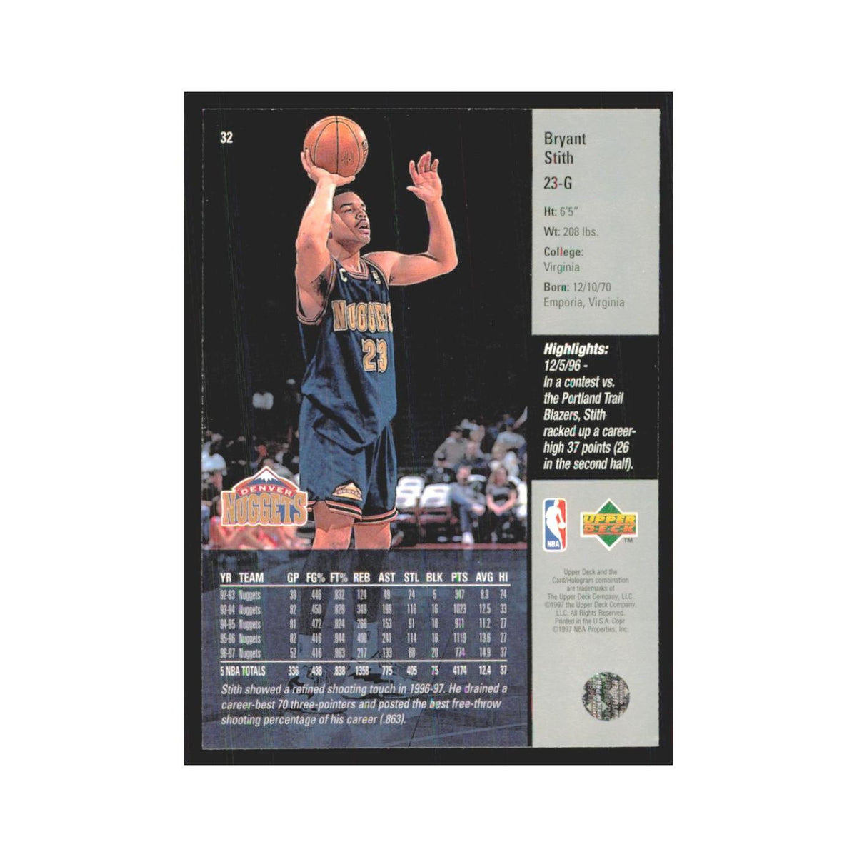 Bryant Stith 1997 Upper Deck #32 Denver Nuggets Basketball Card NM