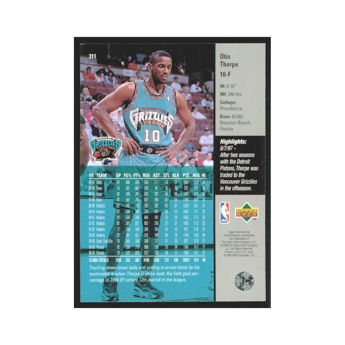 Otis Thorpe 1997 Upper Deck #311 Vancouver Grizzlies Basketball Card NM