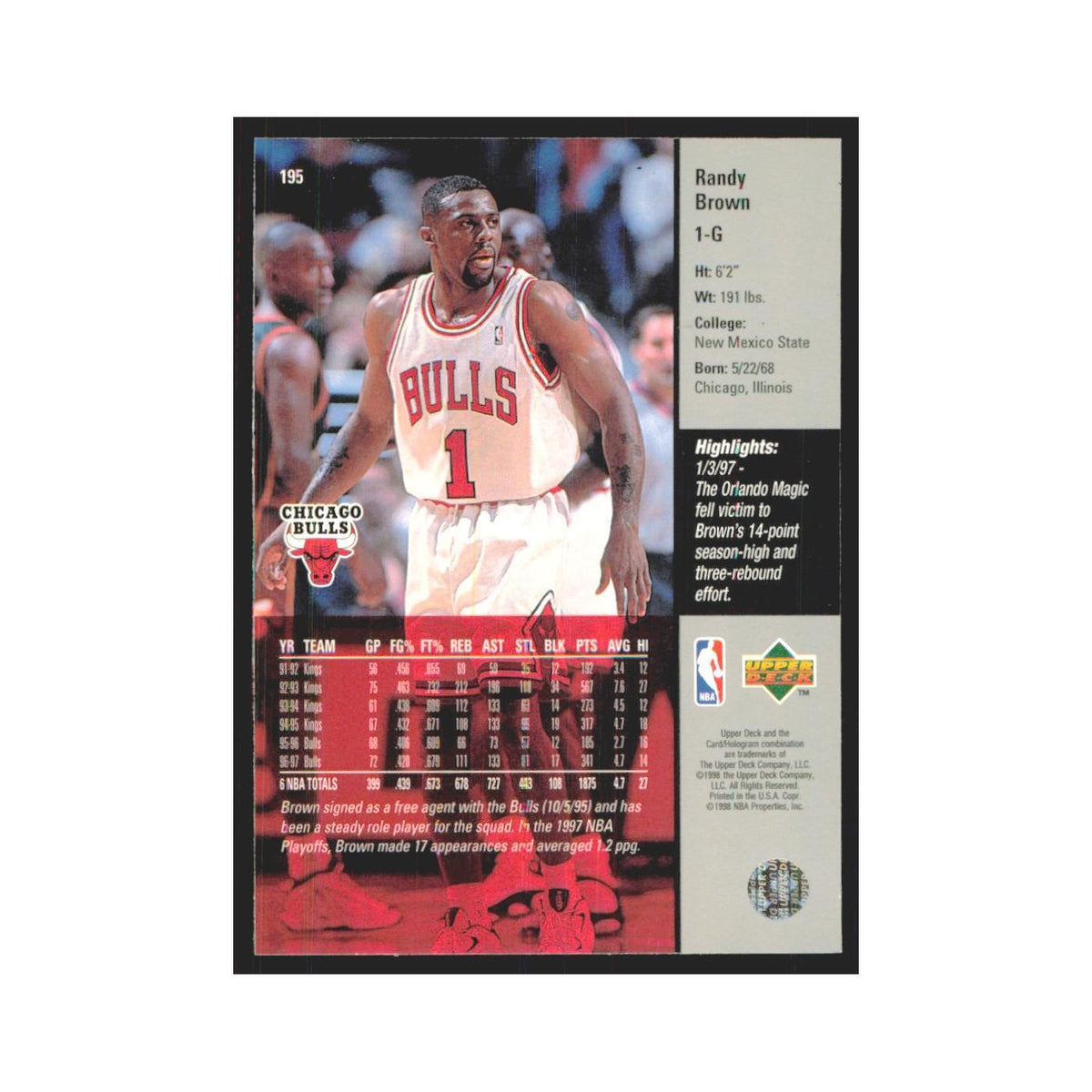 Randy Brown 1997 Upper Deck #195 Chicago Bulls Basketball Card NM