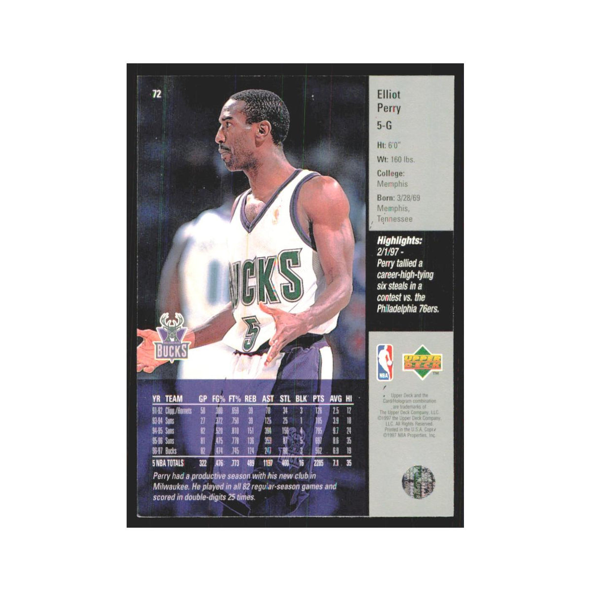 Elliot Perry 1997 Upper Deck #72 Milwaukee Bucks Basketball Card NM
