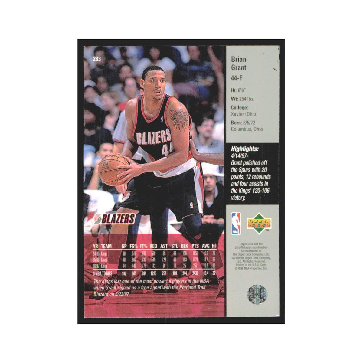 Brian Grant 1997 Upper Deck #283 Portland Trail Blazers Basketball Card NM