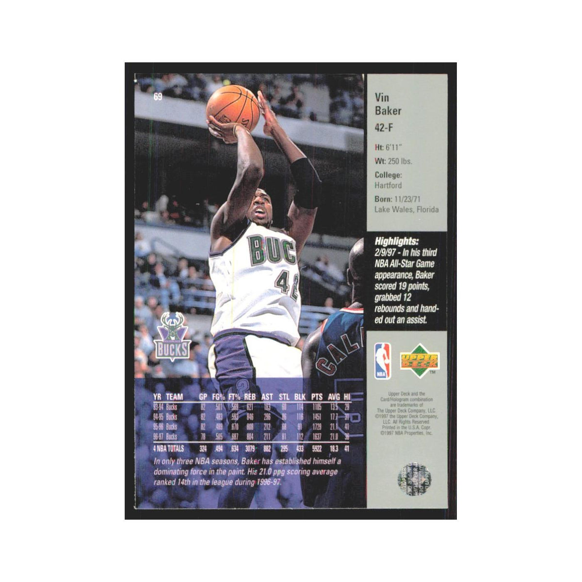 Vin Baker 1997 Upper Deck #69 Milwaukee Bucks Basketball Card NM